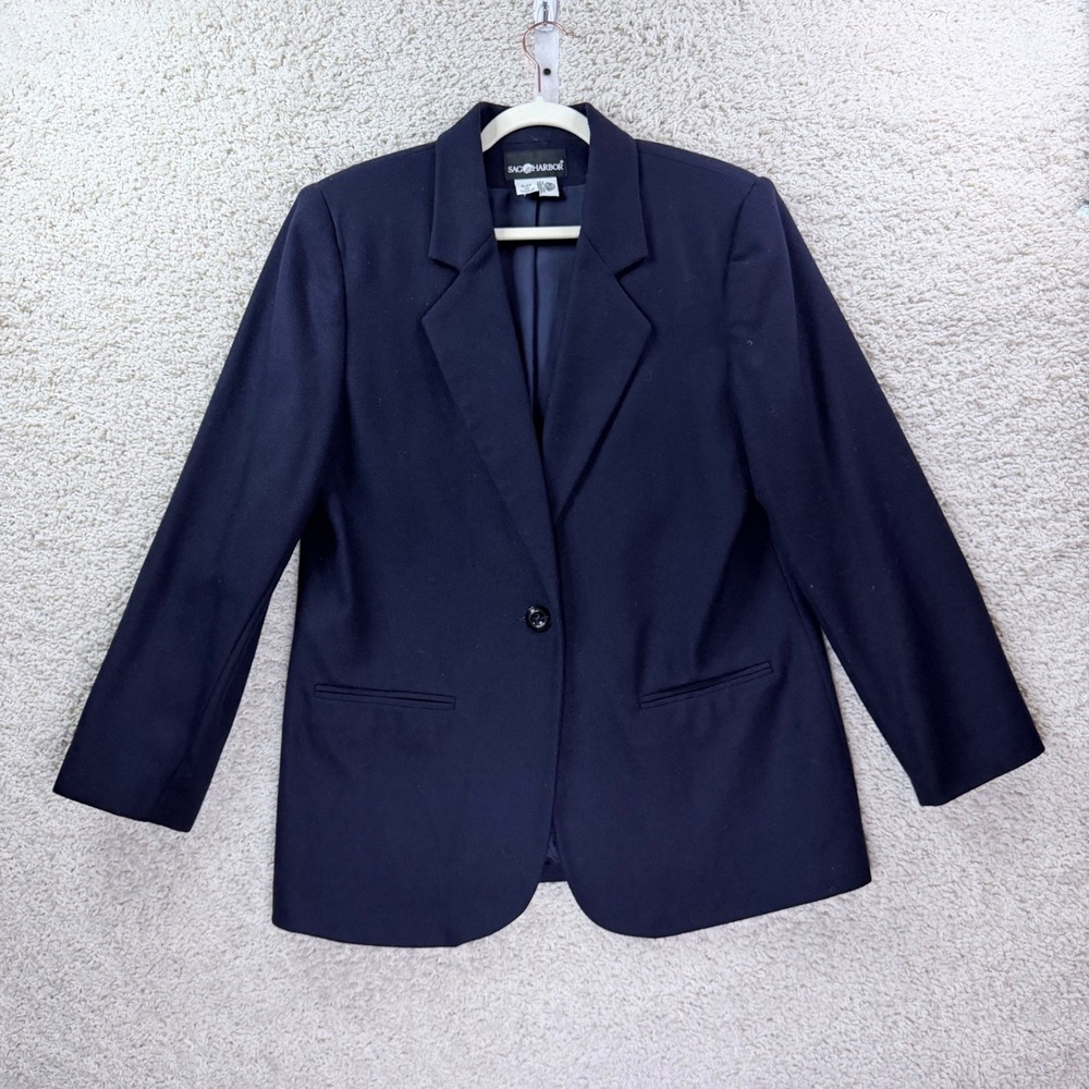 Sag Harbor Blazer Women 12 Navy Blue Vintage 100% Wool Single Button Career Coat